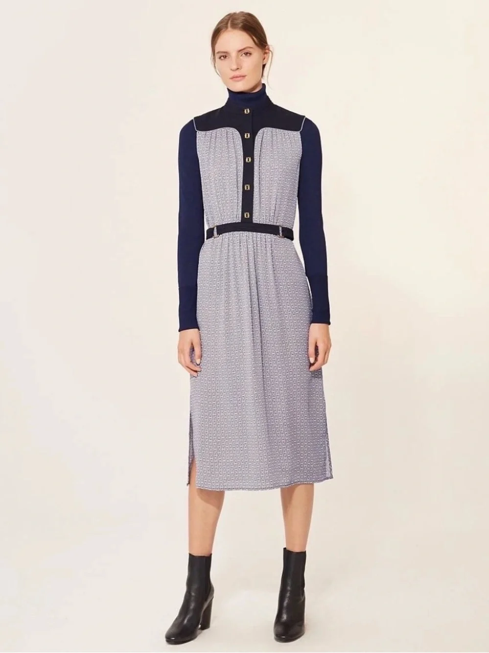 Tory Burch Rampling Silk Gemini Link Belted Midi Dress Size 6 Blue Black